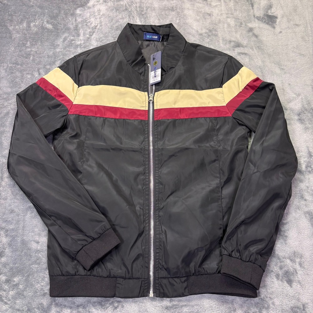 Blue Camp Bomber Jacket Men's S Black Red Tan Stripe Full Zip Lightweight‎ NWT